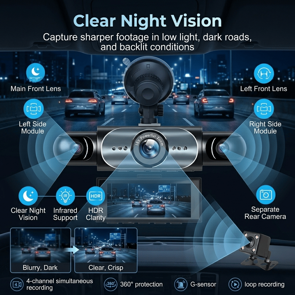 360° 1080P 4-Channel Car Dash Cam System with WIFI, WiFi & App Control, Night Vision, Parking Mode, G-Sensor, Loop Recording