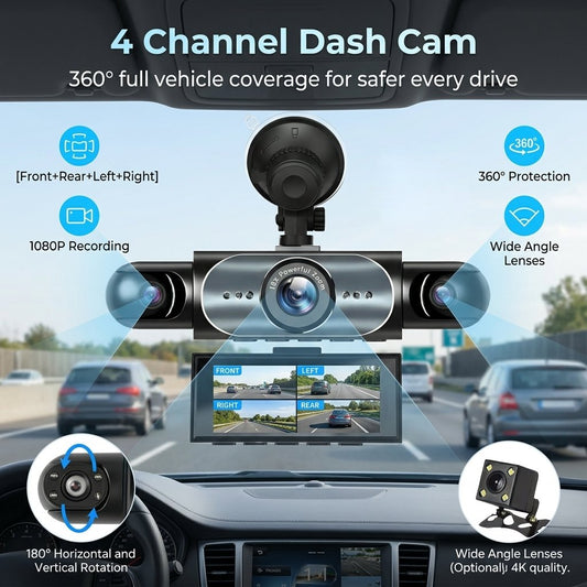 360° 1080P 4-Channel Car Dash Cam System with WIFI, WiFi & App Control, Night Vision, Parking Mode, G-Sensor, Loop Recording