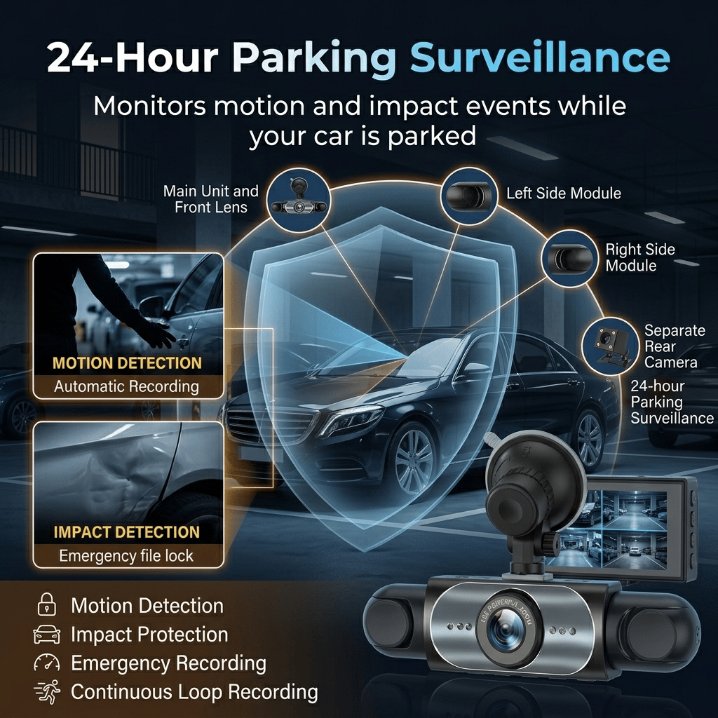 360° 1080P 4-Channel Car Dash Cam System with WIFI, WiFi & App Control, Night Vision, Parking Mode, G-Sensor, Loop Recording