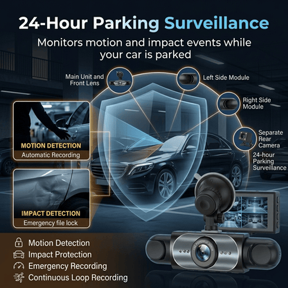 360° 1080P 4-Channel Car Dash Cam System with WIFI, WiFi & App Control, Night Vision, Parking Mode, G-Sensor, Loop Recording