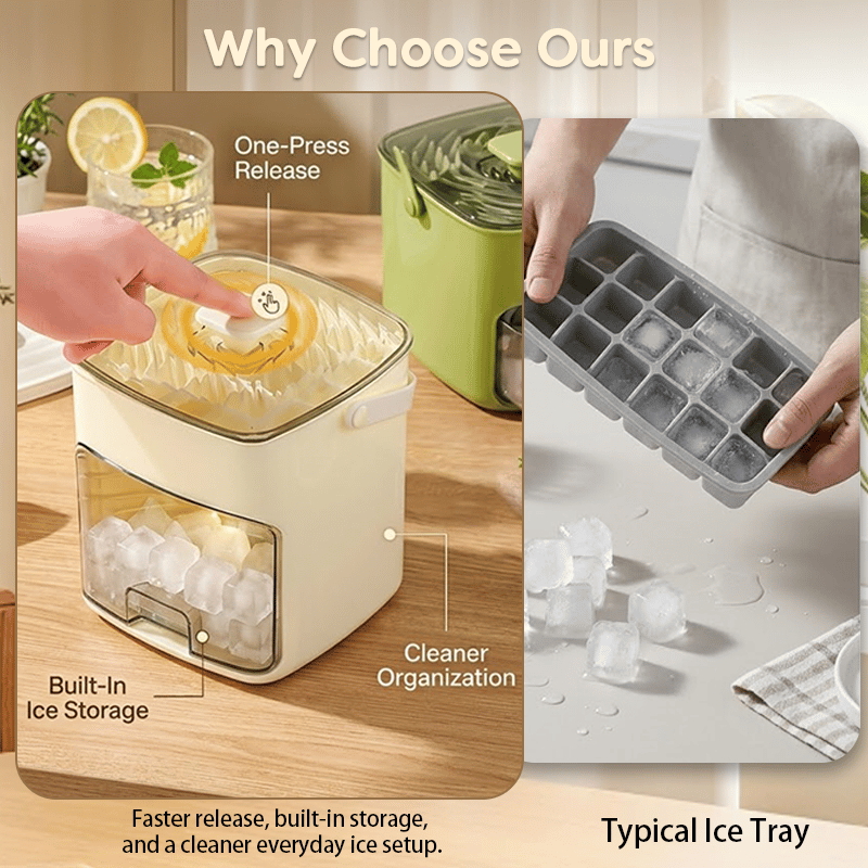 🧊The "Easy-Pop" 2-in-1 Smart Ice System: One-Touch Quick-Release Tray & Sealed Storage Bin