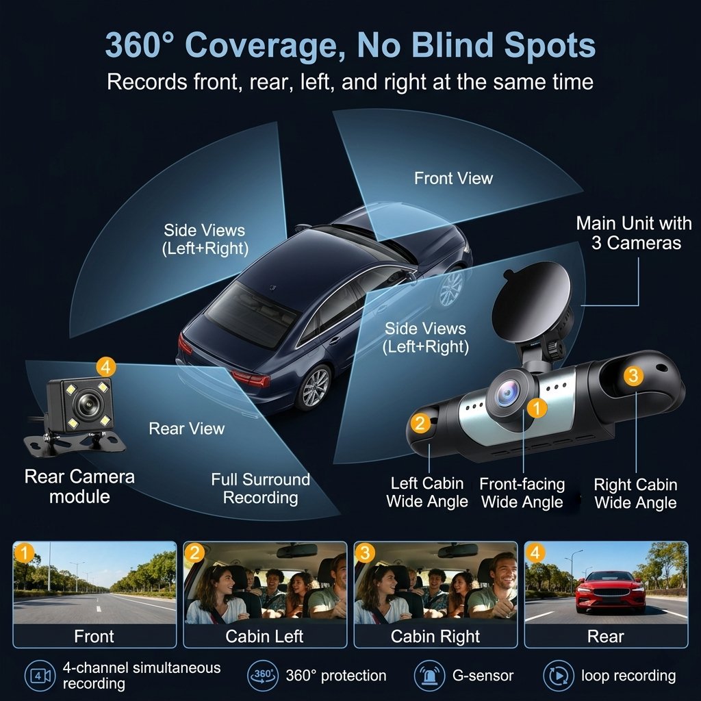 360° 1080P 4-Channel Car Dash Cam System with WIFI, WiFi & App Control, Night Vision, Parking Mode, G-Sensor, Loop Recording